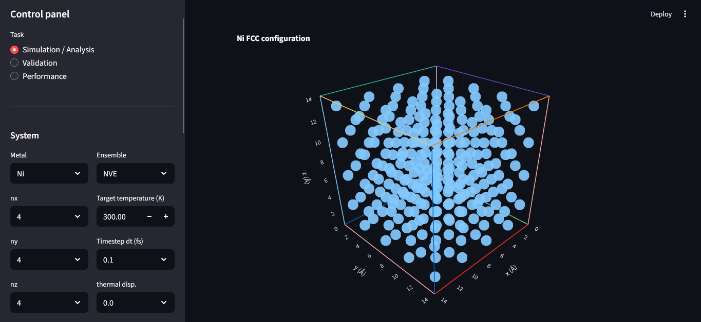 FCC molecular dynamics Streamlit interface showing simulation controls and a nickel crystal.
